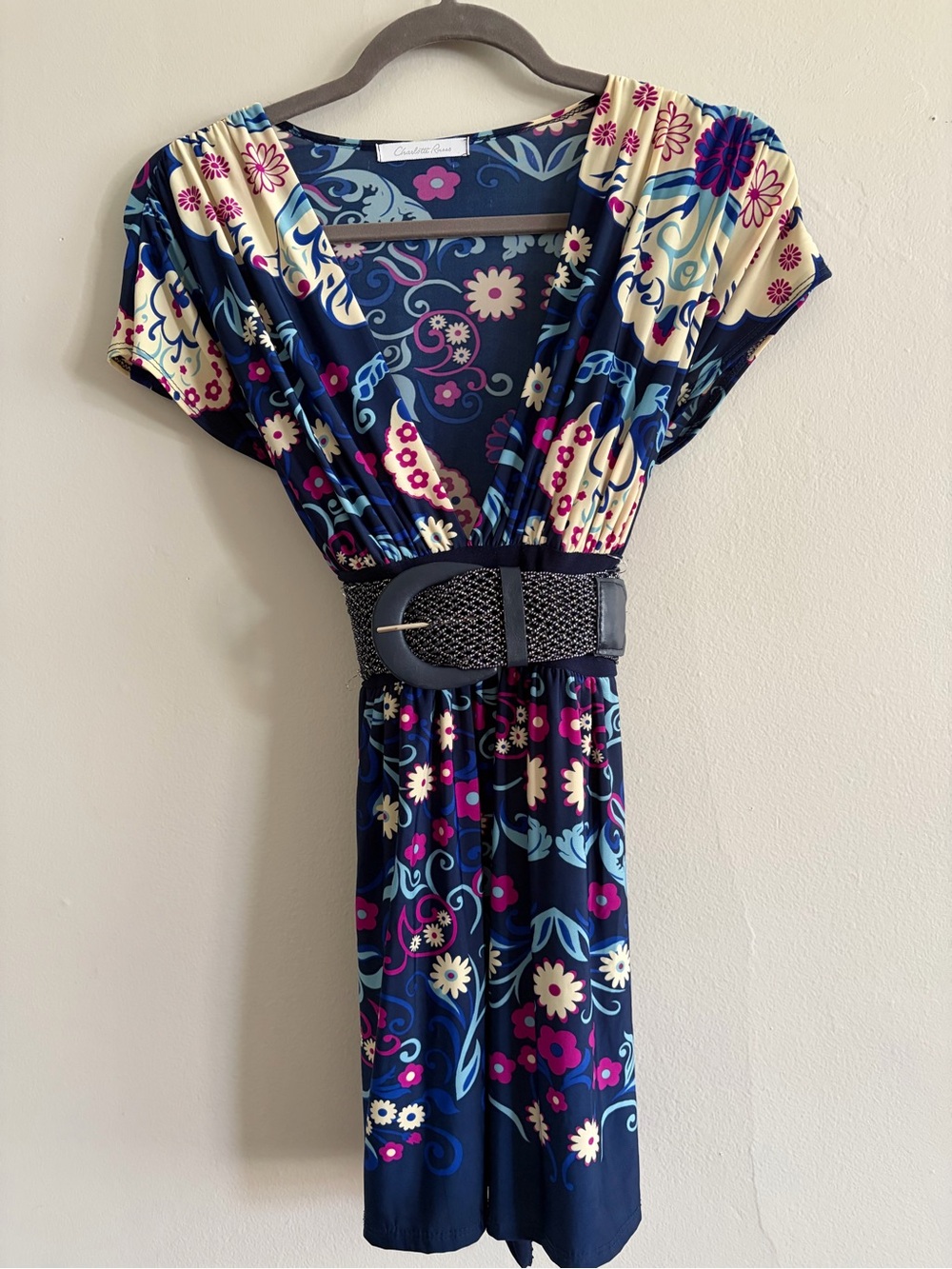 Y2K Charlotte Russe Navy Floral V-Neck Belted Babydoll Tunic